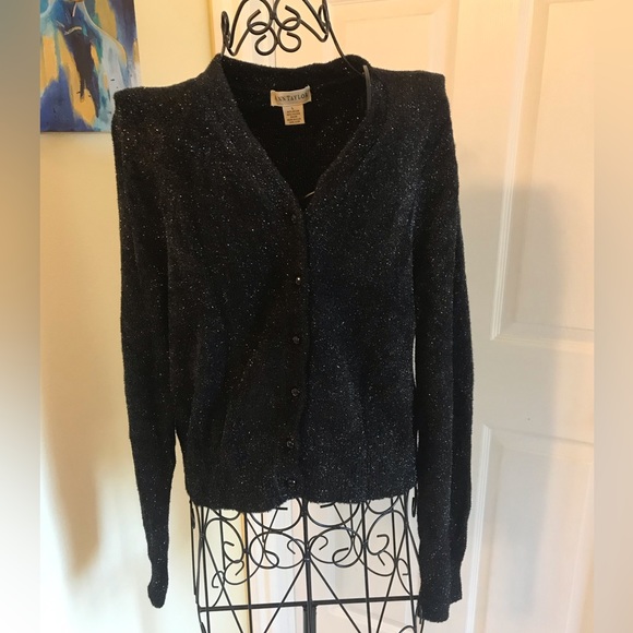 ANN TAYLOR BLACK & SPARKLE BUTTON DOWN CARDIGAN SWEATER Long Sleeve Size Large - Picture 2 of 8